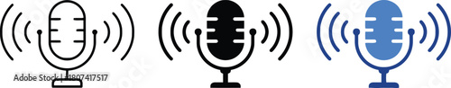 microphone, podcast, broadcast, audio, sound, recording, music, voice, speech, communication, icon, set, collection, outline, black, blue, signal, waves, vintage, retro, studio, equipment, symbol, gra