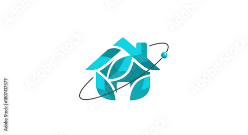Abstract logo design featuring a stylized house shape composed of cyan blue leaf elements interwoven with a representation of atomic structure orbits