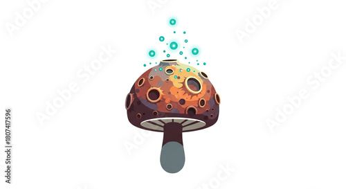 A stylized illustration of a magical glowing mushroom with craters emitting bright cyan orbs on a white background