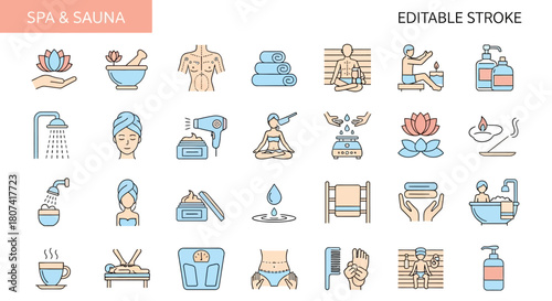 Discover a sleek line vector collection of modern spa, sauna, and wellness icons, perfect for illustrating health, beauty, and relaxation concepts with a clean, editable design