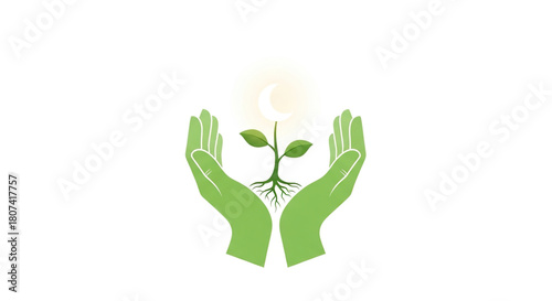 Two cupped hands gently cradle and protect a growing green seedling with visible roots beneath a soft crescent moon light