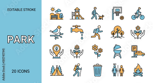 Collection of Park Icons for Outdoor Activities, Recreation, and Nature in Vector Format