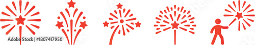 firework, sparkler, celebration, holiday, event, party, festive, explosion, light, star, burst, red, icon, symbol, graphic, design, vector, isolated, white background, collection, set, abstract, decor