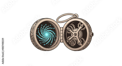 Ornate open locket revealing a glowing blue spiral energy portal on one side and intricate mechanical gears on the other side
