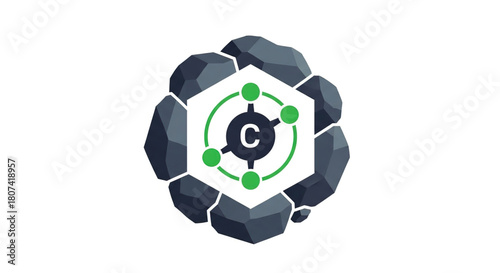 Logo design featuring a central carbon atom structure surrounded by jagged dark grey rocks representing mineral resources