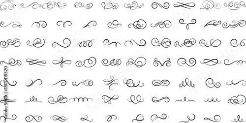Flourish Swirl Line Icons Set, Elegant Decorative Calligraphy Accent Vector Collection