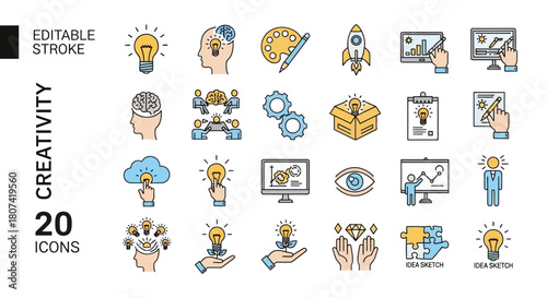 Sleek Line Art Collection of Creativity and Innovation Vector Icons Modern Outline Set for Brainstorming, Problem Solving, and Idea Generation Concepts