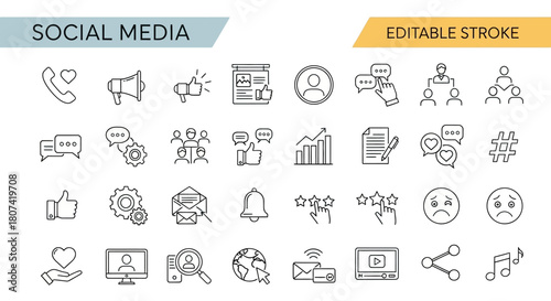 Modern minimalist vector line icons depicting social media interaction, business networking, digital communication, and online engagement concepts for contemporary graphic design projects