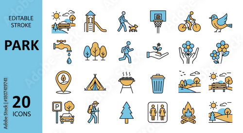 A sleek and minimalist line icon collection featuring 20 essential elements for park, nature, and outdoor recreational activities, ideal for modern graphic design
