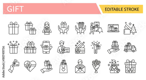 Editable stroke icon set depicting gifts and presents for holidays and celebrations. A sleek collection of outline vector symbols for giving and receiving