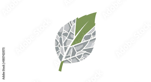Green leaf with abstract geometric pattern and white lines on grey background