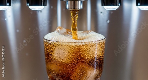 Soda fountain pouring cola into a glass with ice cubes.