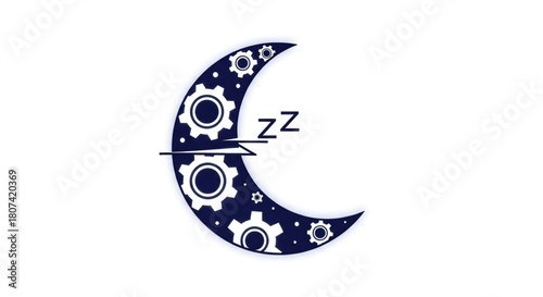 Crescent moon with gears and zzz symbol representing sleep and technology