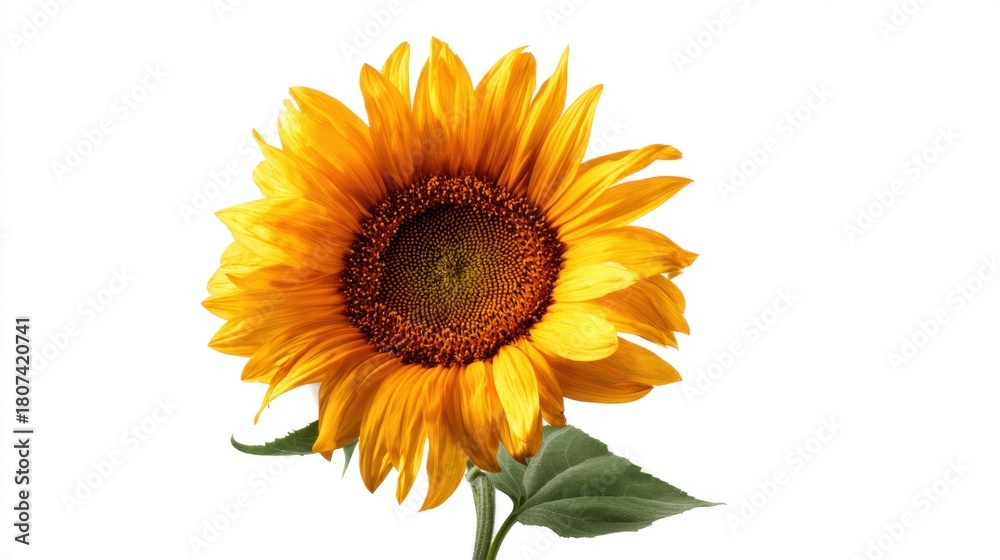 Fototapeta premium Sunflower showcases its striking yellow petals and textured center on a clean backdrop.