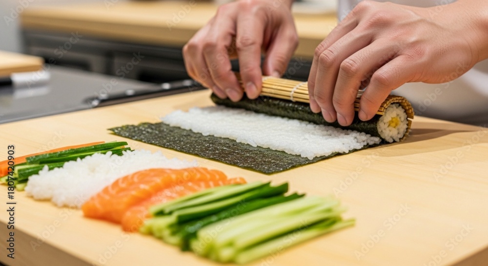 Obraz premium Sushi chef rolling a sushi roll with ingredients on a wooden board.