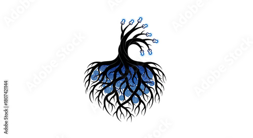 Abstract tree with intricate blue roots and glowing blue leaves on white background