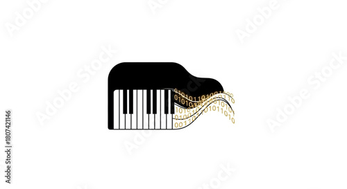 Black and white piano keyboard with binary code flowing out of it vector illustration