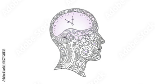 Profile of a human head with intricate gears and clock mechanisms as a brain illustration