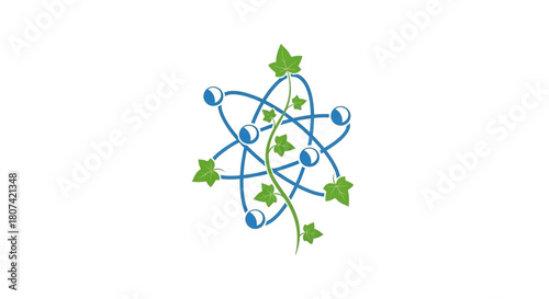 Atomic structure with green ivy leaves growing through it, symbolizing nature and science