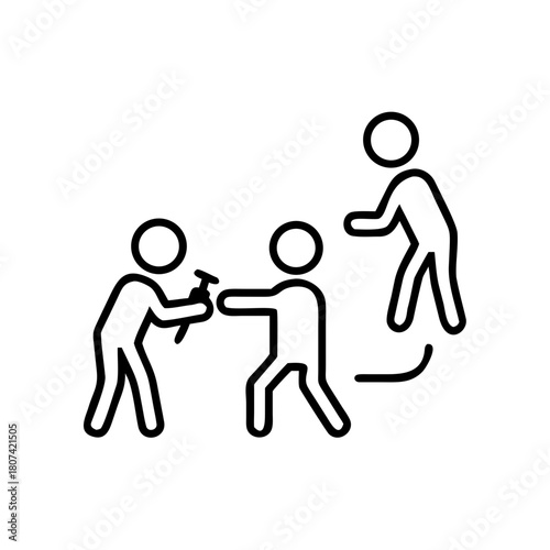 Three stick figures collaborating and working together on an icon  