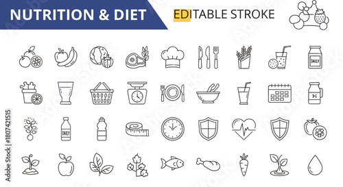 A Comprehensive Collection of Sleek Line Icons for Nutrition and Diet, Featuring Editable Strokes