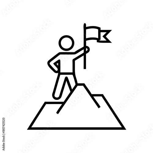 Person standing on mountain peak and holding flag in minimal design  