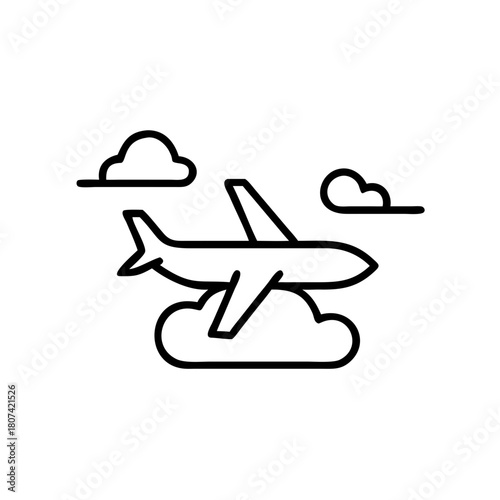 Airplane flying above clouds in minimalist line art style - Concept of icons  