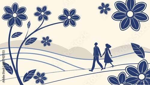Royal blue and silver glossy floral 3D pattern with couple walking side by side on smooth wavy abstract backdrop