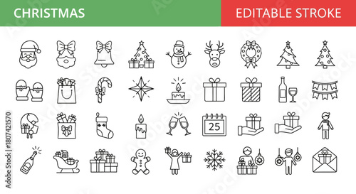 Modern Christmas Holiday Sleek Line Icons Collection with Editable Strokes for Festive Winter Celebrations and Seasonal Design Projects