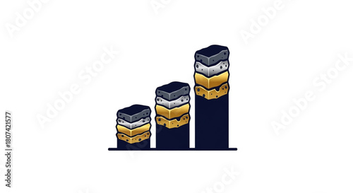 Three stacked bar chart pillars illustrating layered growth with dark rock gold and silver materials on a white background