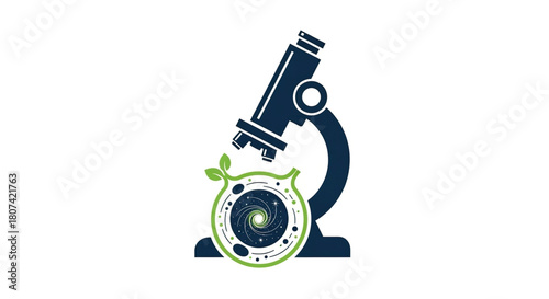 Microscope with a green apple containing a galaxy illustration