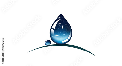 Large water droplet with starry night sky reflection and small water droplet on green hill
