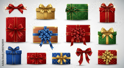 Elegant assortment of colorful gift boxes with bows, ideal for Christmas, birthdays, or special occasions celebrations, originally created as scalable graphics