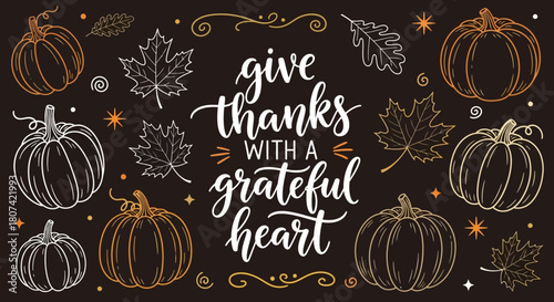 Thanksgiving Greetings with Pumpkins and Autumn Leaves Illustration