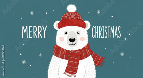Festive polar bear wishes Merry Christmas with cozy scarf and hat ready for winter holidays, a charming illustration perfect for greeting cards