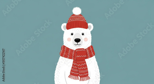 Adorable polar bear wearing a festive red knitted hat and scarf, perfect for winter holiday greetings or children's designs, a heartwarming seasonal animal