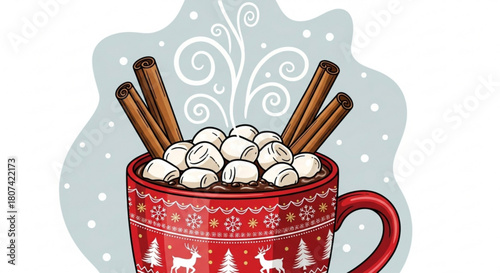Cozy up this winter with a steaming mug of hot cocoa topped with marshmallows and cinnamon sticks, perfect for holiday cheer and festive projects