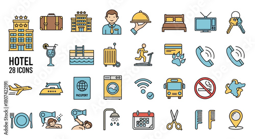 Minimalist Hotel and Accommodation Services Vector Icon Set in a Sleek Line Art Style, Ideal for Travel Industry Websites and Apps, Showcasing Hospitality Essentials