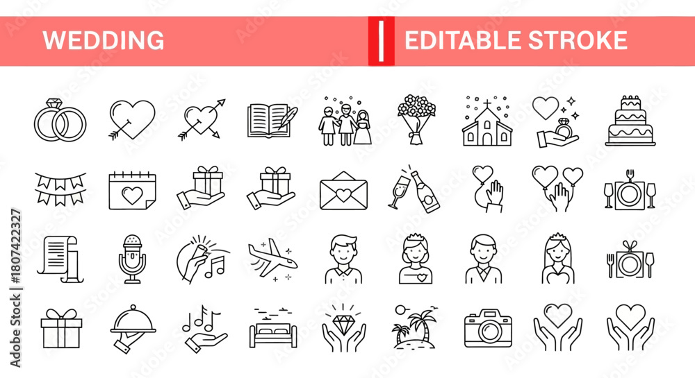 Naklejka premium Delicate Line Wedding Icons Elegant Celebration Details