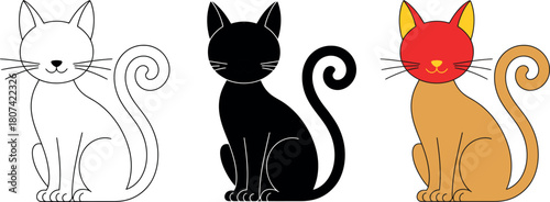 Three Cats Depicted in Different Styles with Whiskers and Cute Curly Tails