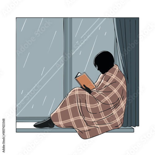 Minimalist vector of reading in plaid blanket by rainy autumn window, cozy peaceful scene on white