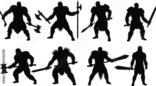 Aggressive Barbarian Warriors Silhouette Vector Collection: Fantasy RPG Game Character Designs, Viking and Norse Mythology Inspired, Ready-to-Use Illustrations