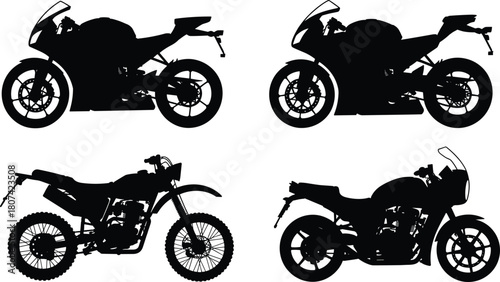 Collection of High-Performance Motorcycle Silhouettes, Featuring Sport Bike, Off-Road, and Classic Models, Vector Illustration for Speed and Thrill.