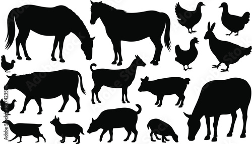 Domestic farm livestock animals silhouette set, includes horse cow goat sheep pig chicken rabbit, grazing standing figures, vector graphic collection