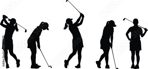 Female golfer silhouettes set, woman playing golf in different poses, swinging club, putting ball, recreational sport vector graphic collection