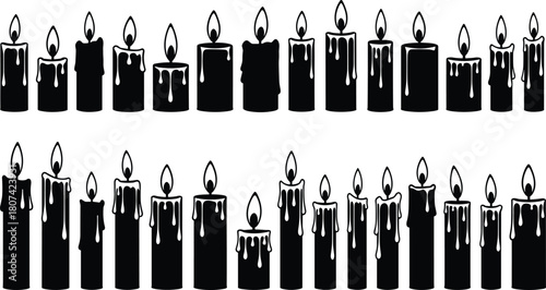 Lit candle silhouettes set, melting wax dripping, burning flame black vector collection, memorial event spiritual spa graphic design element