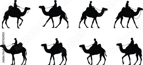 Set of eight camel riders silhouette, people traveling through desert on dromedary animal, Middle East traditional transport vector graphic illustration