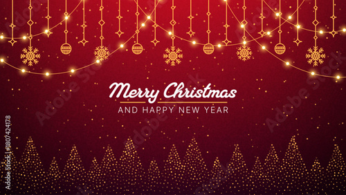 Merry Christmas and Happy New Year greeting card with decorative string light, snowflake, and ornament on a festive red background for holiday celebration.