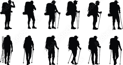 Set of Silhouette Hikers with Backpacks and Trekking Poles, Walking, Hiking, and Backpacking Adventure Collection, Vector Illustration for Travel and Outdoor.