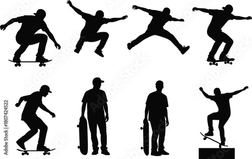 Skateboarder silhouettes set, young man performing tricks, jumping and riding skateboard, extreme sport action figure vector graphic collection